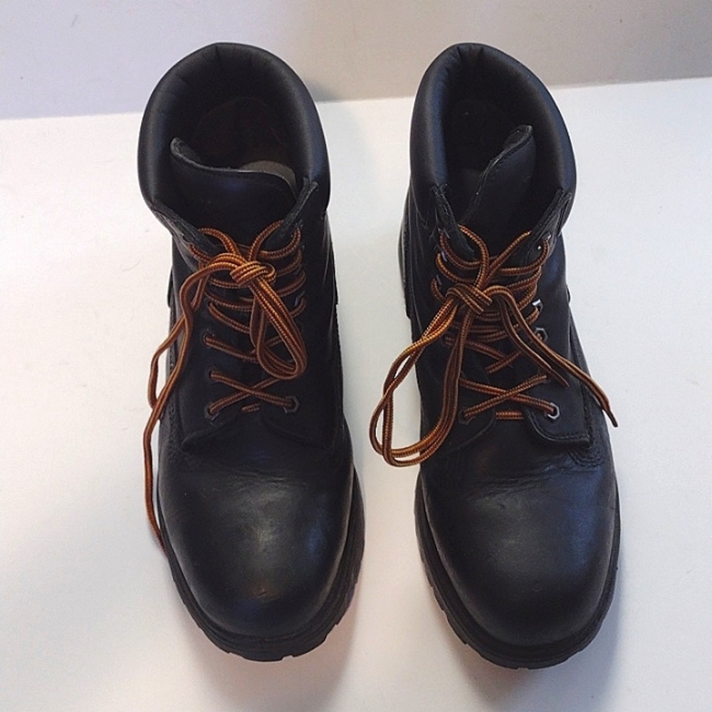 TIMBERLAND.PRO SERIES. STEEL TOE WORK BOOTS.  WATERPROOF BLACK LEATHER UPPERS.